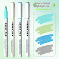 Set of four glitter highlighter pens with decorative Star River design on blue plastic shells, showing slanted tips.