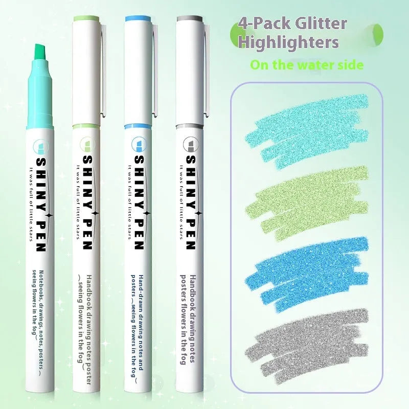 Set of four glitter highlighter pens with decorative Star River design on blue plastic shells, showing slanted tips.