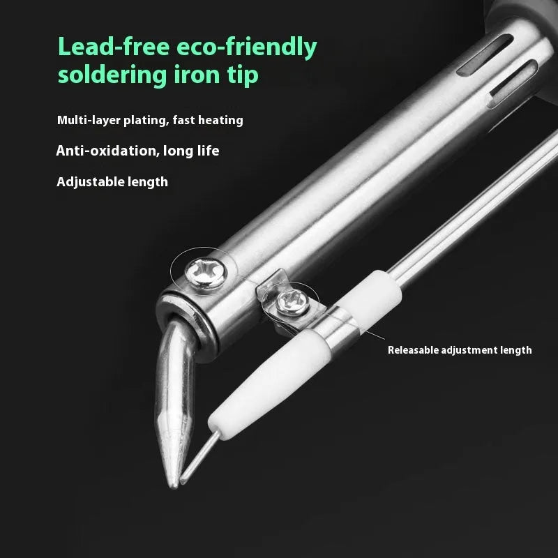 External heating handheld soldering gun with black plastic handle, stand, and accessories on workbench