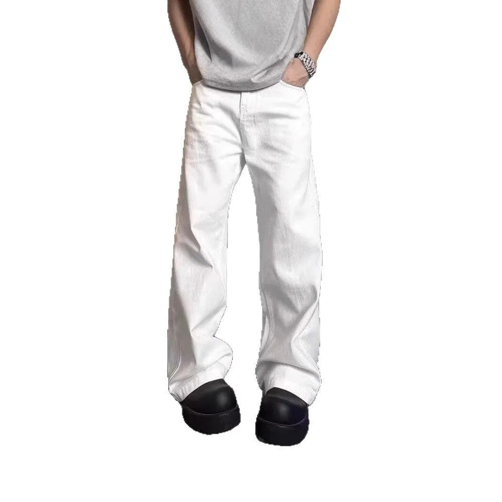 Men's white straight leg cotton denim jeans with mid waist and non-ironing finish