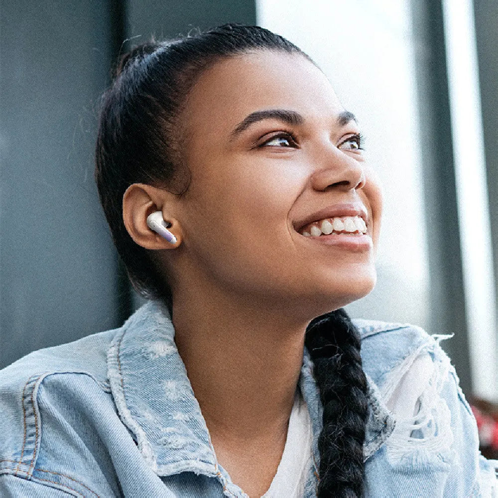 Wireless sports gaming Bluetooth headset in gradient blue colour showing compact in-ear design