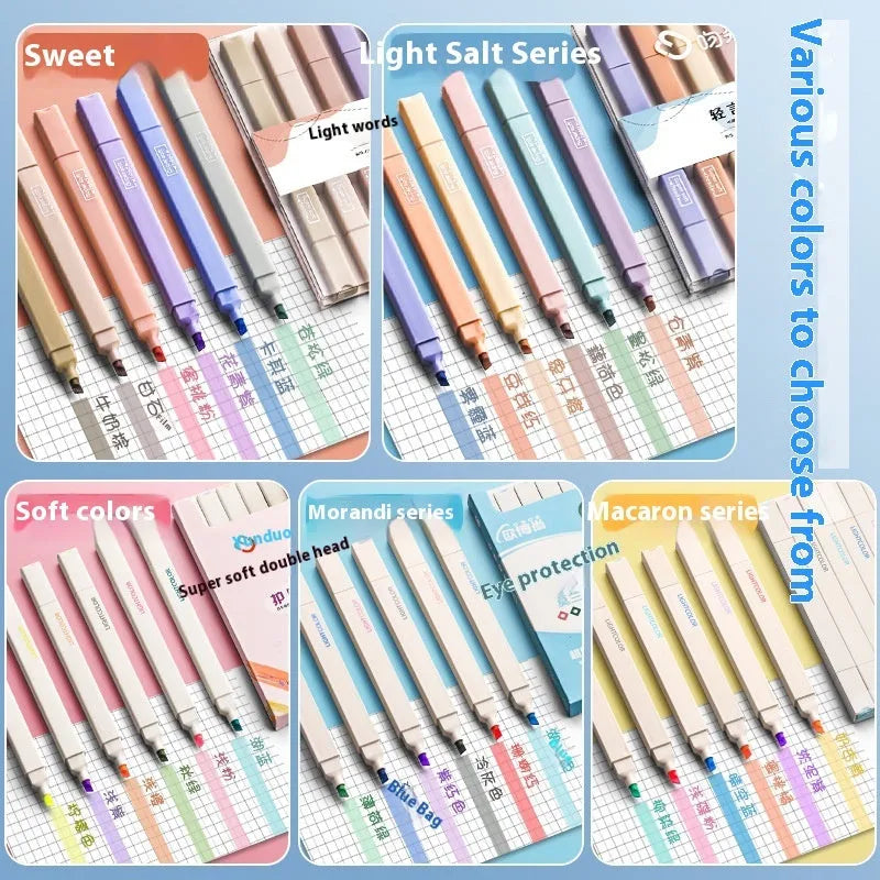 Set of double-tipped fluorescent marker pens showing chisel and bullet nibs, in mixed bright and pastel colours.