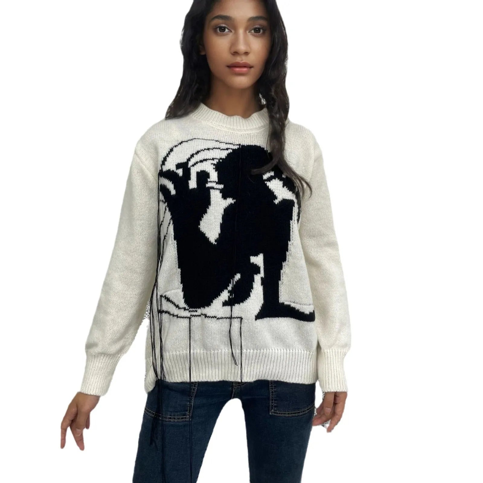 Women's loose grey alpaca wool sweater with tassel design and abstract pattern
