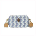 Soft PU camera bag with eagle head wide shoulder strap in blue, outer sandwich pocket, horizontal square shape
