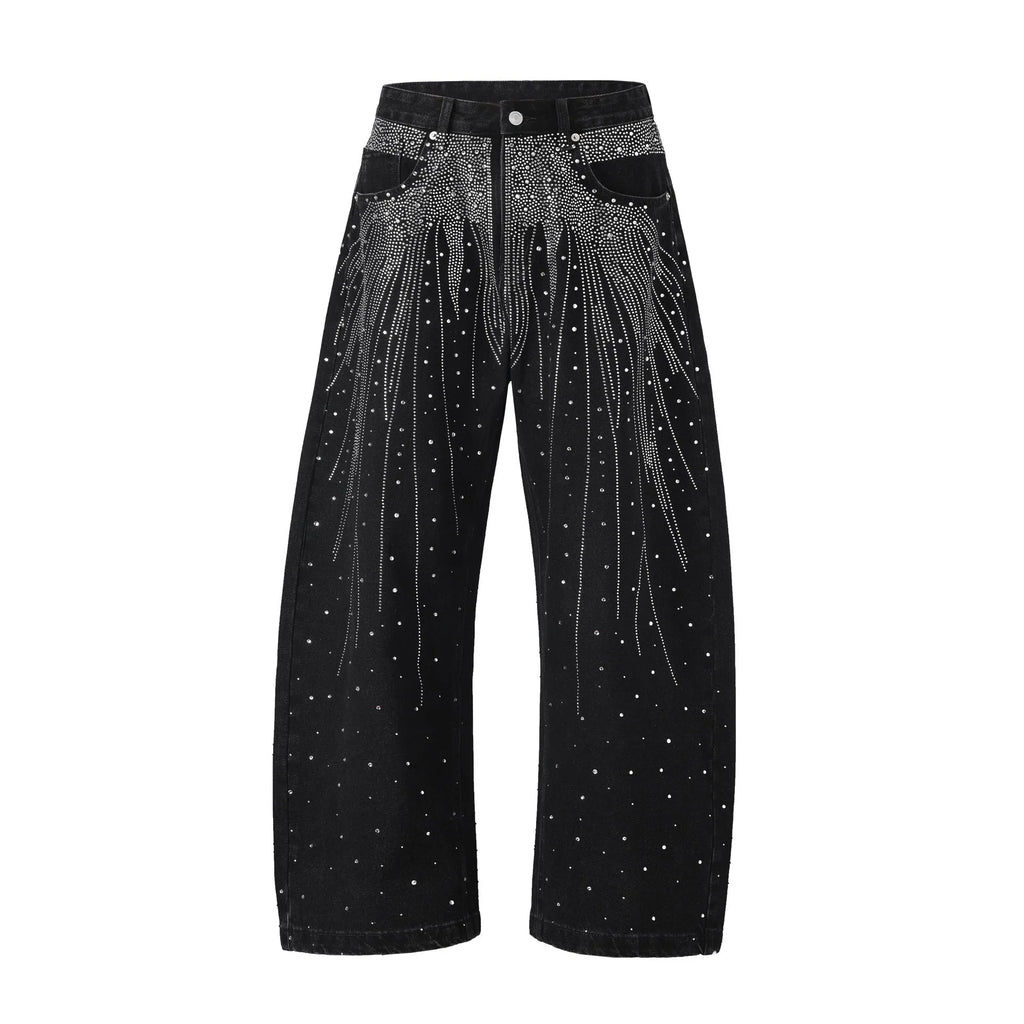 Blue loose-fit wide-leg high street trousers showing waist sizes 30-36 with pullover styling