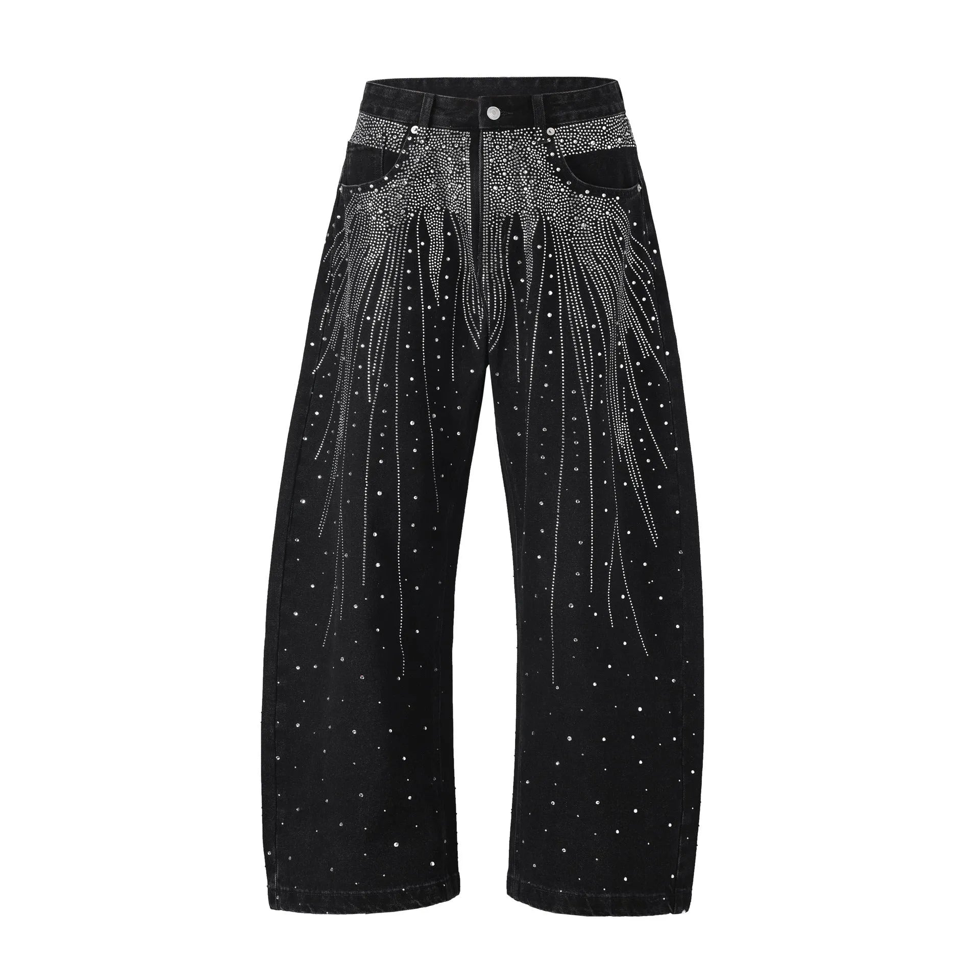 Blue loose-fit wide-leg high street trousers showing waist sizes 30-36 with pullover styling