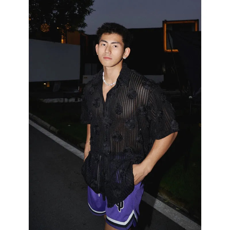 Men's plus size floral printed short sleeve shirt in black with loose fit and wool lining
