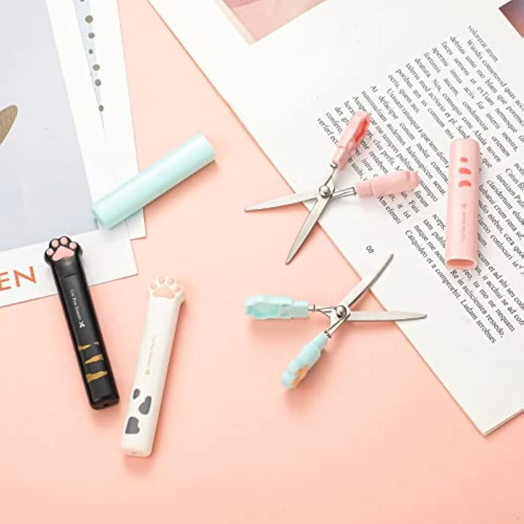 Cat paw mini folding scissors in four colours with stainless steel blades, folded to 8.7 cm length
