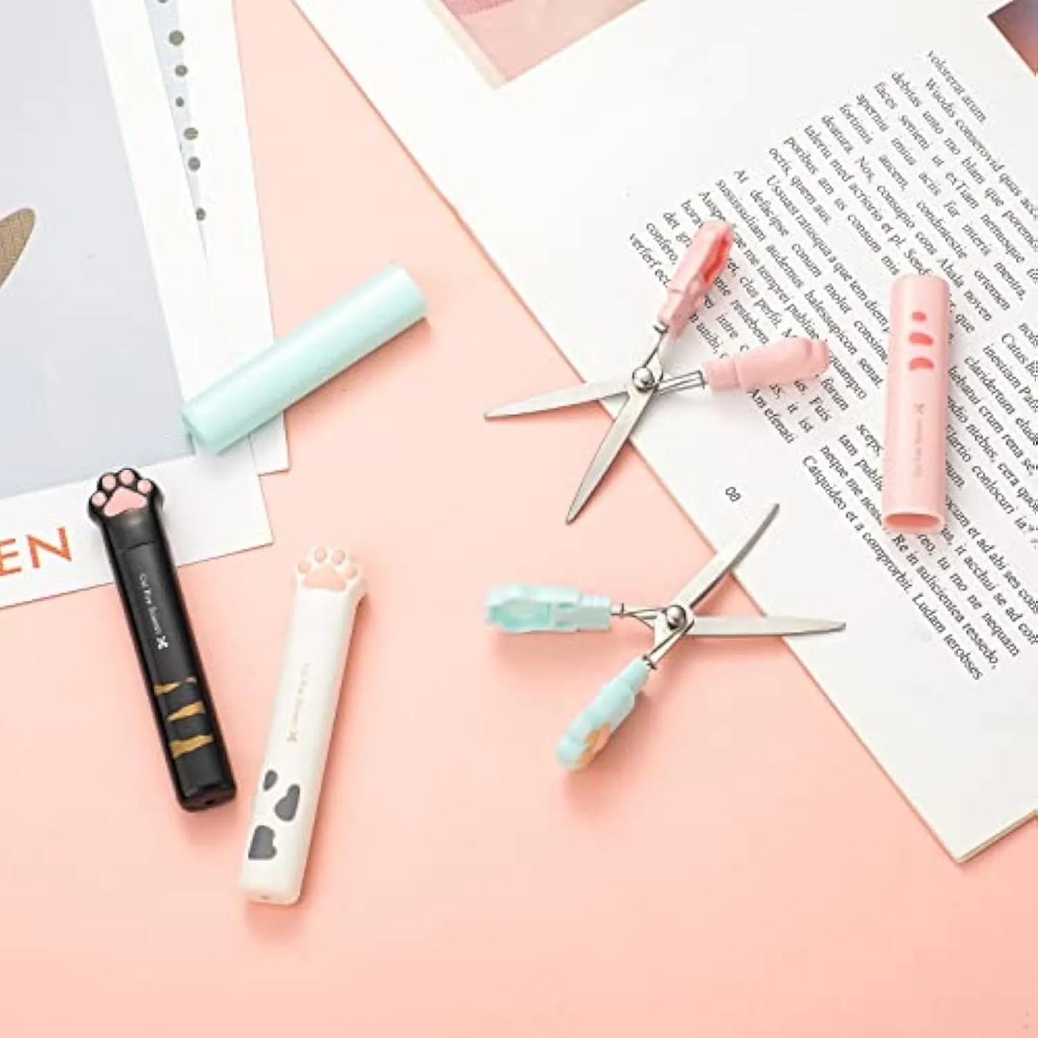Cat paw mini folding scissors in four colours with stainless steel blades, folded to 8.7 cm length