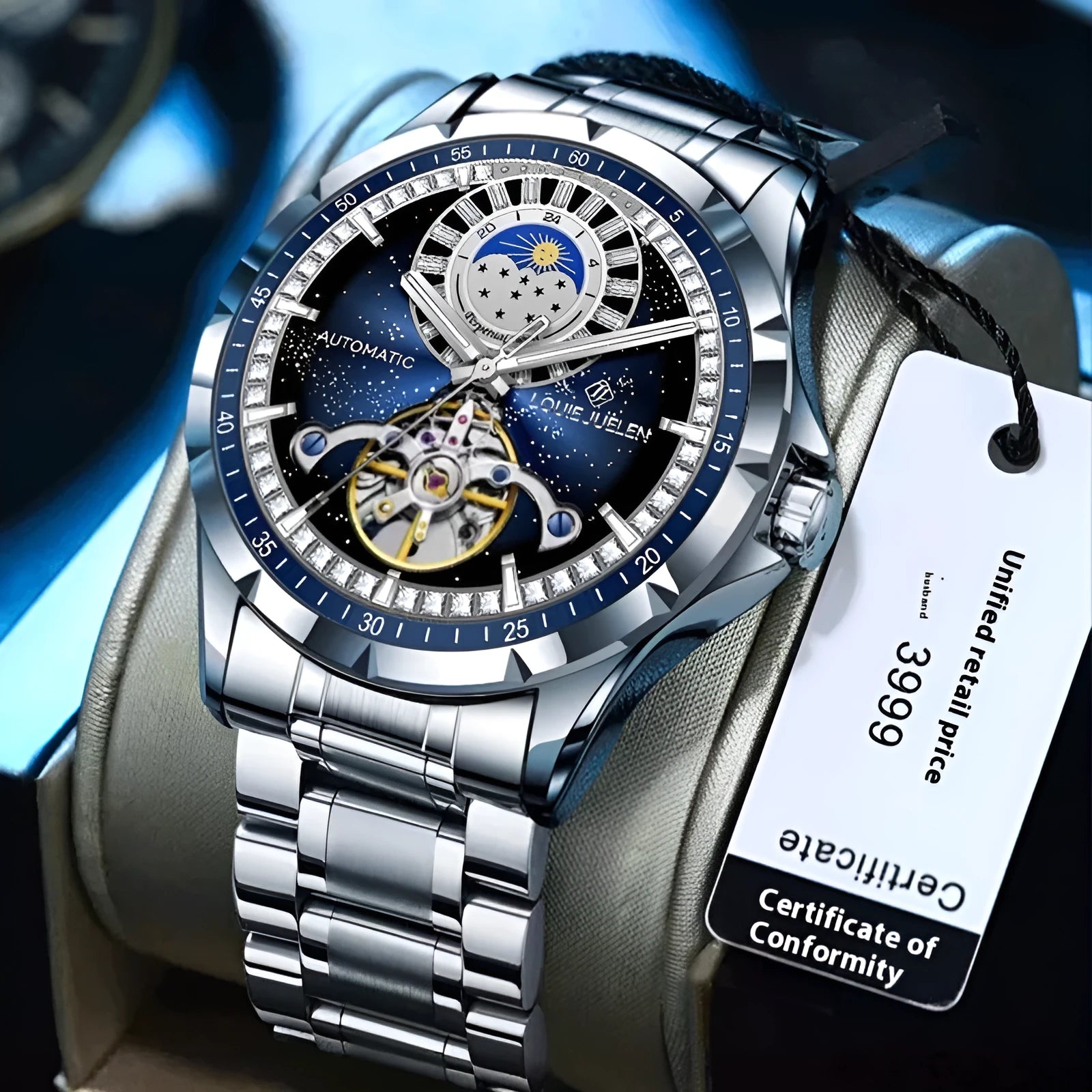 Men's silver automatic mechanical watch with blue dial and stainless steel strap