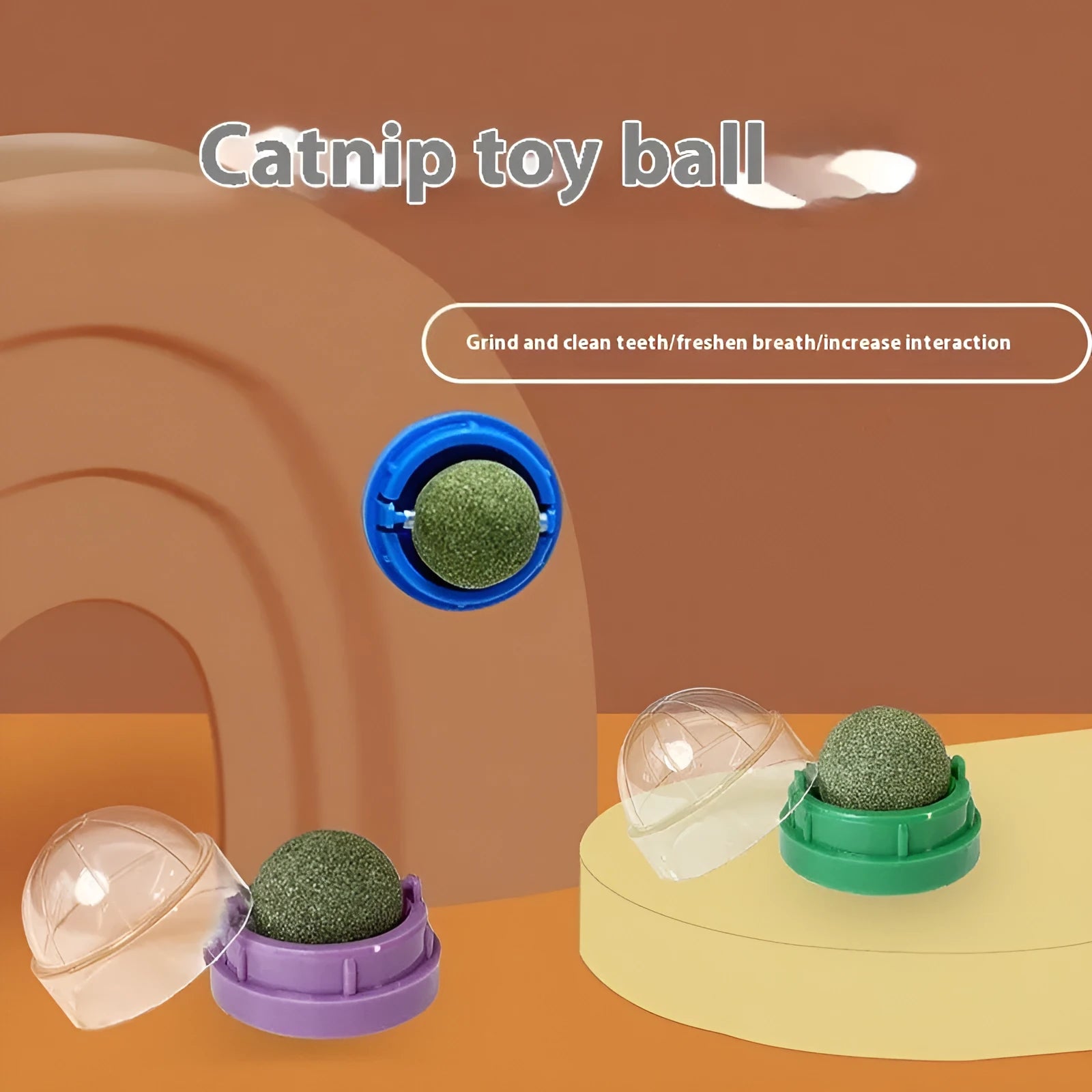 Plastic catnip ball toy in various colours for molar teeth cleaning and feline enrichment.