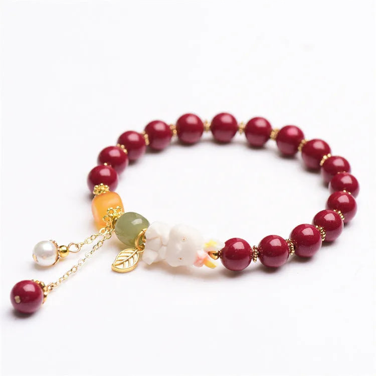 Natural cinnabar bracelet with rabbit charm in national style, purple-gold sand colour, 8mm or 10mm size option