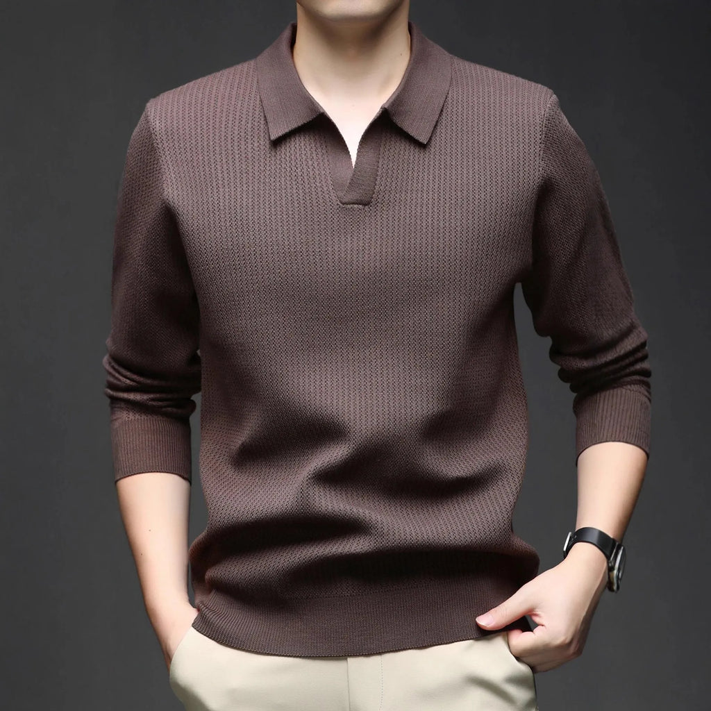 Men's loose-fit casual pullover sweater in autumn colours on hanger