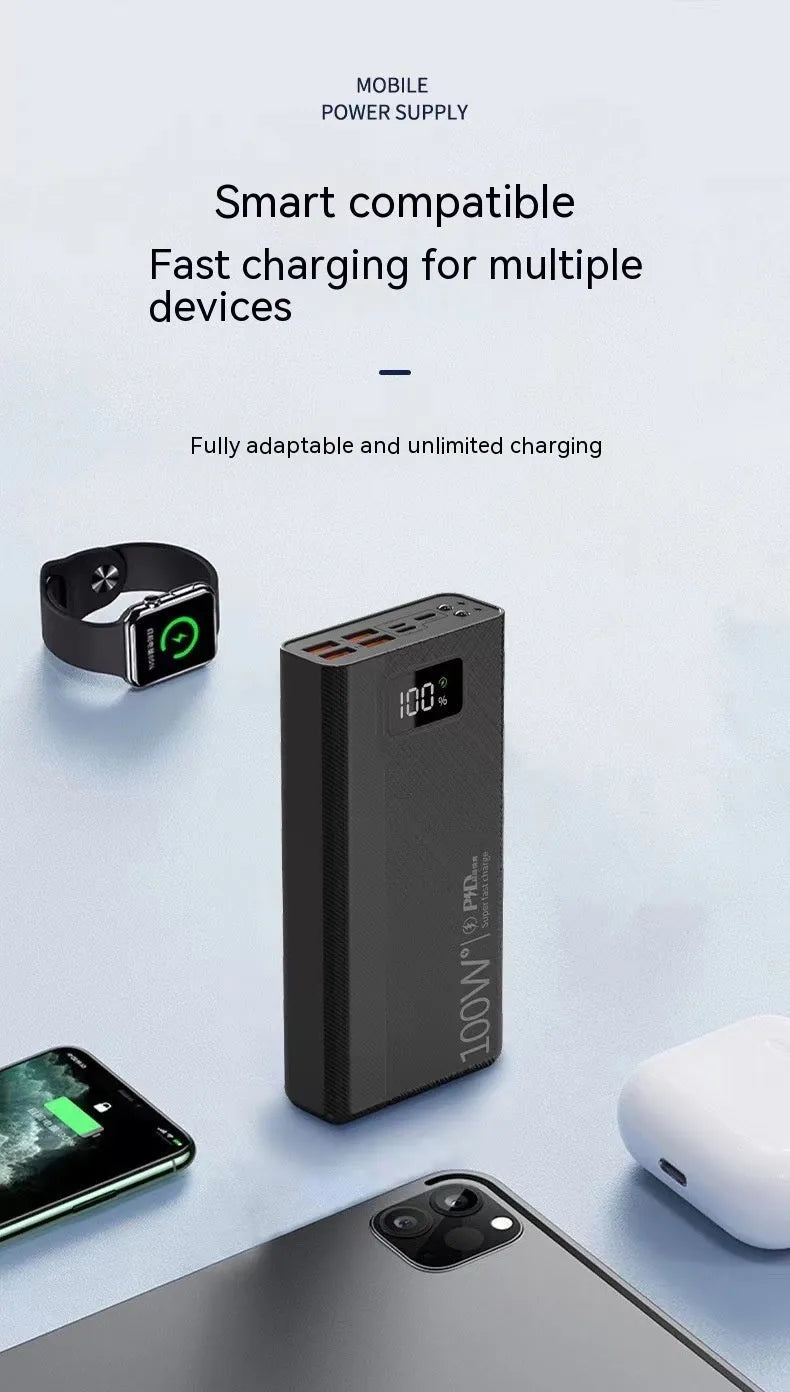 Black and white large capacity power bank with fast charging support measuring 150mm x 76mm