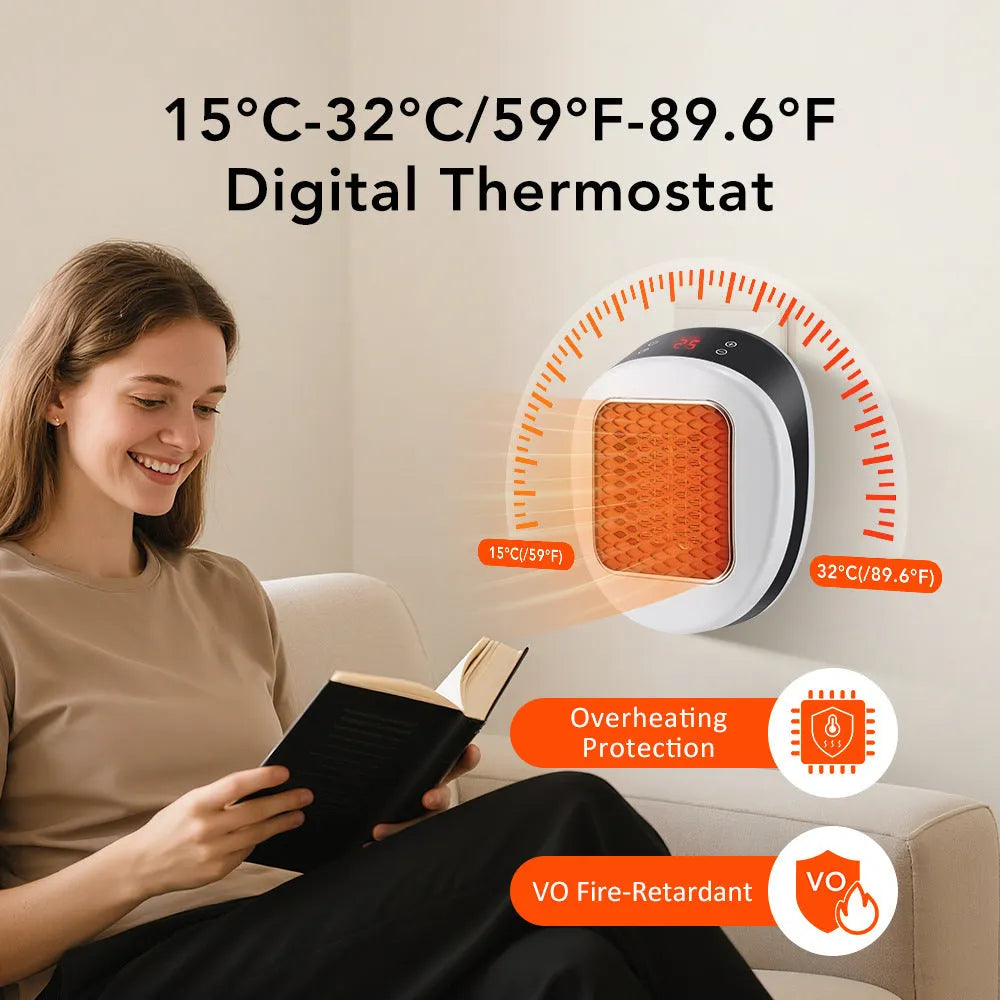 White ceramic portable electric heater with remote control on a table.
