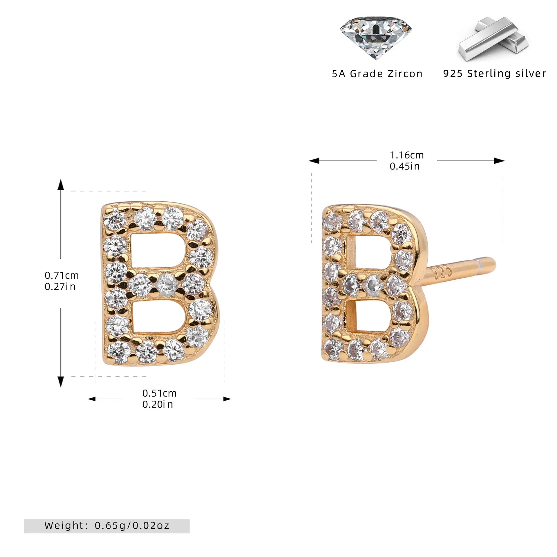 925 silver letter ear stud with electroplated gold finish, alphabet motif