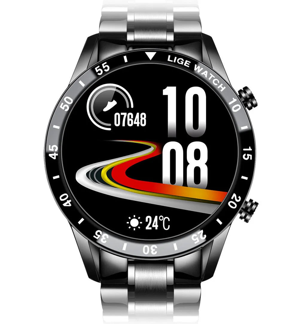 Smart watch with stainless steel wristband and 1.3 inch screen showing step count display