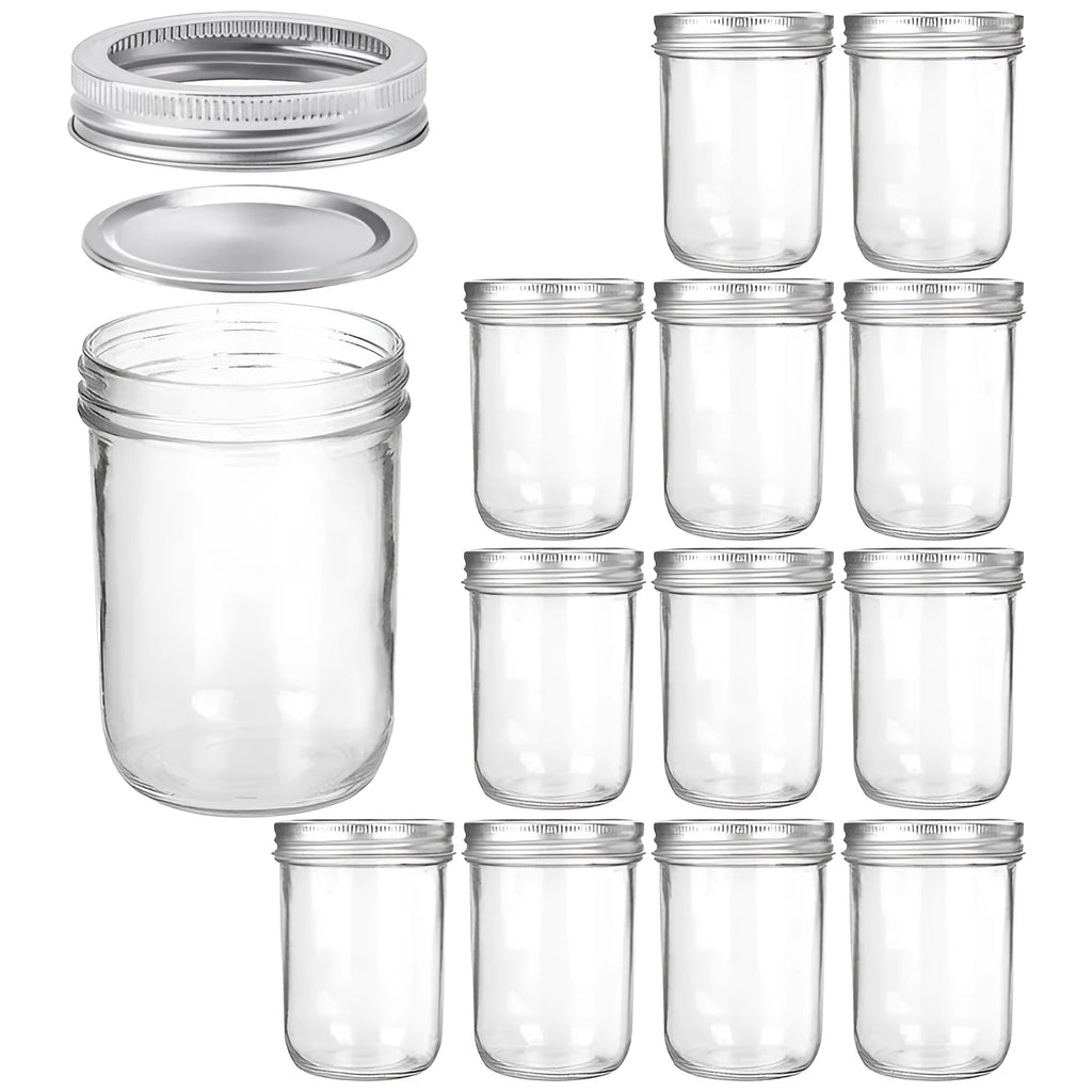 16oz glossy transparent wide mouth glass jar with sealed lid, 6 pack on white surface