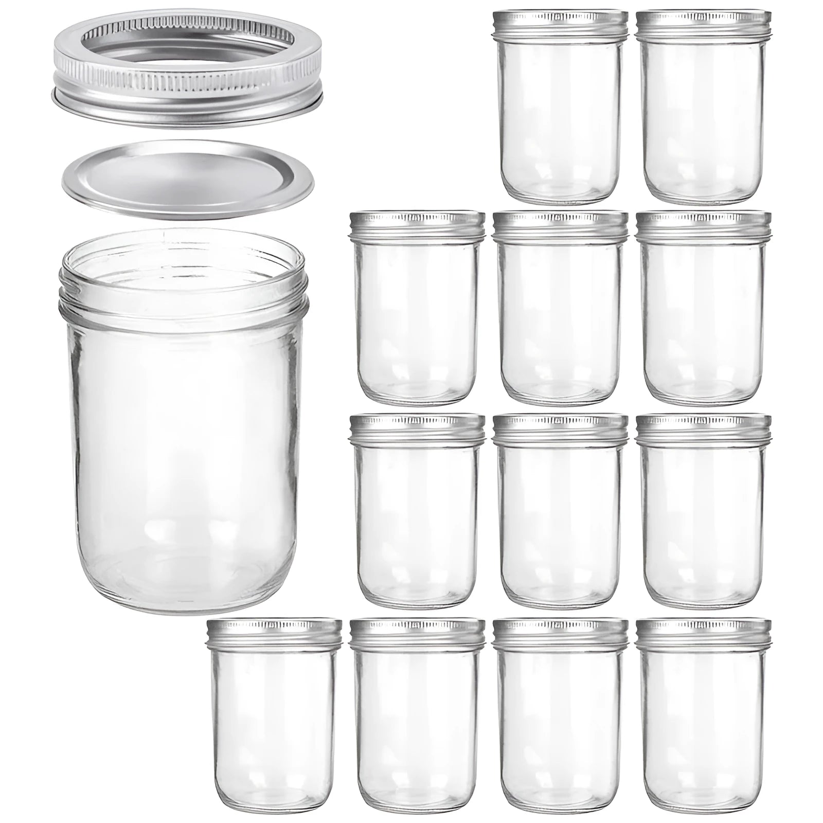 16oz glossy transparent wide mouth glass jar with sealed lid, 6 pack on white surface