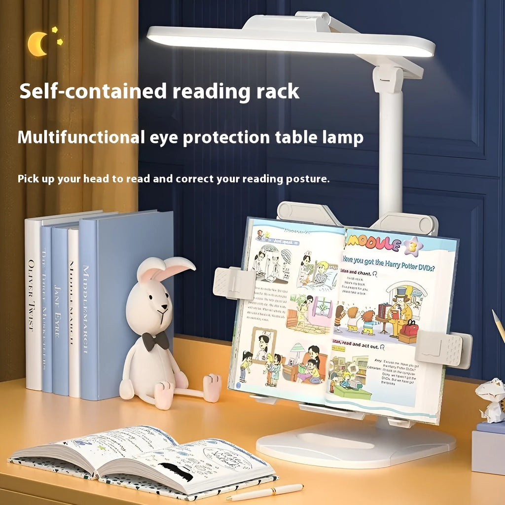 Multifunctional adjustable desk lamp with a built-in bookshelf shelf and three-speed colour temperature control.