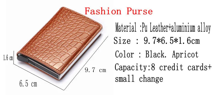 Pattern wallet with metal cartridge automatic pop-up in black polyurethane leather showing card slots