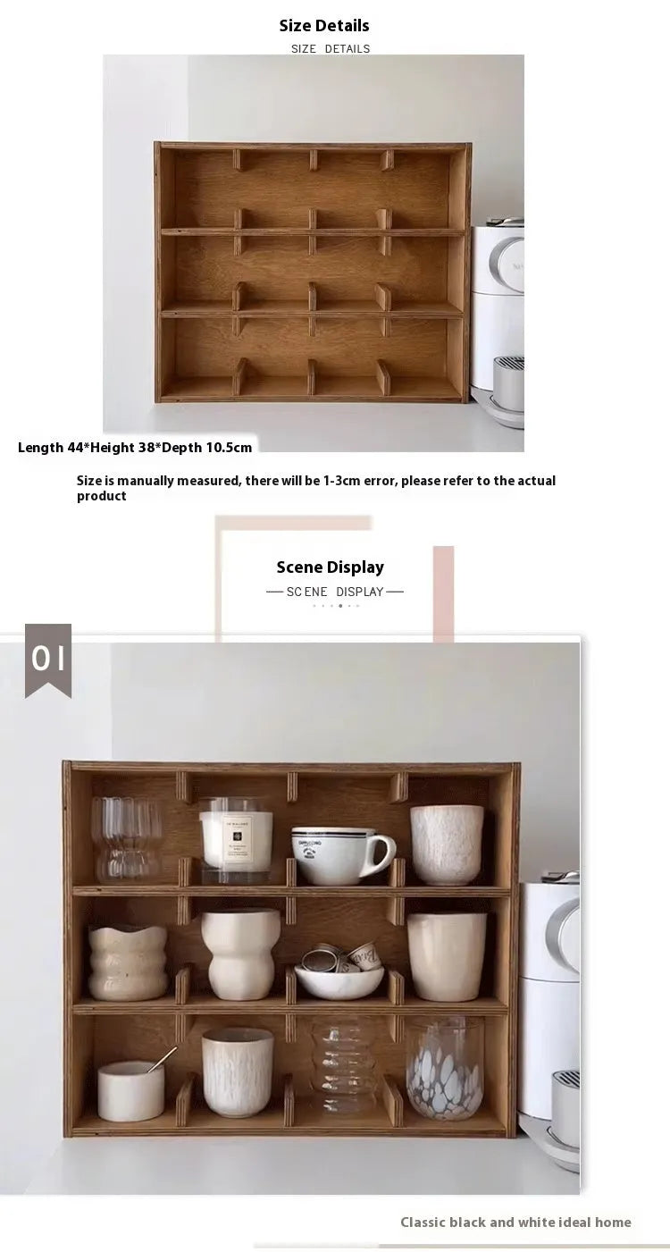 Solid wood square storage rack with multiple grid compartments for cup organisation