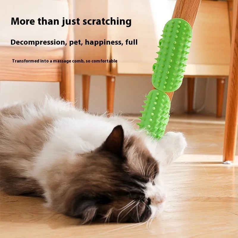 Silicone cat massage comb with rounded teeth and adjustable strap for table legs