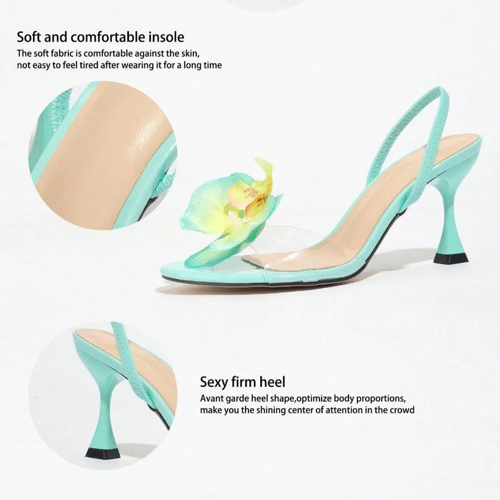 Women's round toe green blue artificial PU sandals with 3D flower back strap and over 8cm stiletto heel