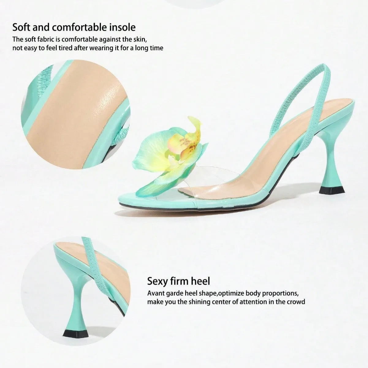 Women's round toe green blue artificial PU sandals with 3D flower back strap and over 8cm stiletto heel