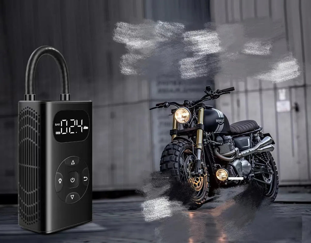 Black rectangular aviation alloy portable tyre inflator with USB cable on a grey background.