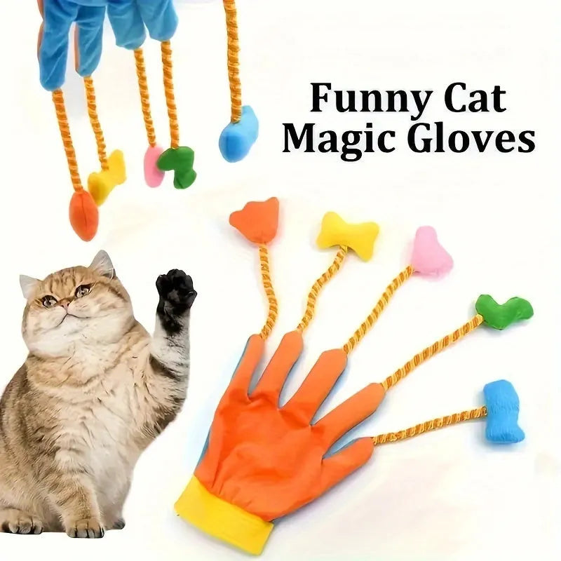 Yellow and blue plush pet toy with glove design, integrated bell, and trailer measuring 40×11 cm