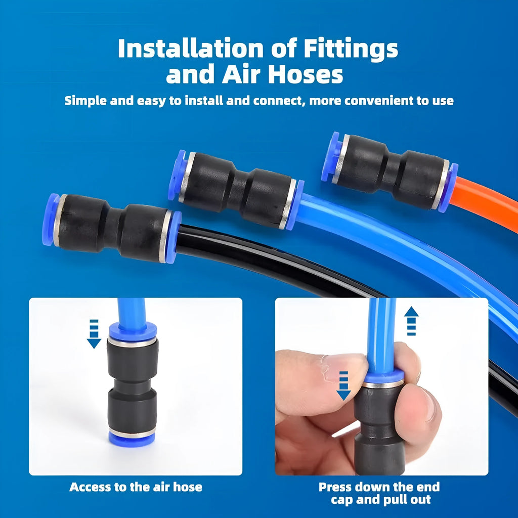 60-piece pneumatic push-in connector set showing R1/4 and R1/2 fittings in alloy plastic construction