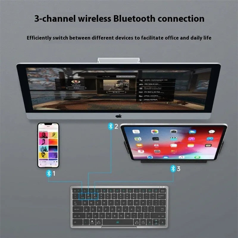 Three-in-one wireless Bluetooth keyboard with leather sheath stand for tablets and mobile phones