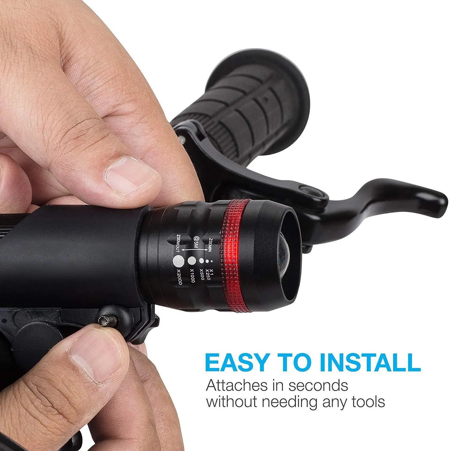 Bicycle front headlight and rear taillight set with a black mounting bracket on a handlebar.