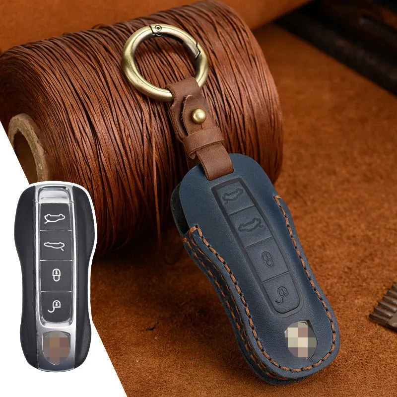 Authentic brown cowhide leather Porsche key case with a retro metal buckle closed