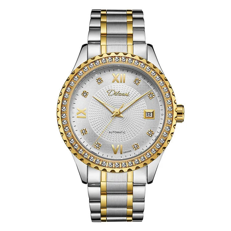 Men's automatic mechanical watch with luminous hands, waterproof construction, and gold case