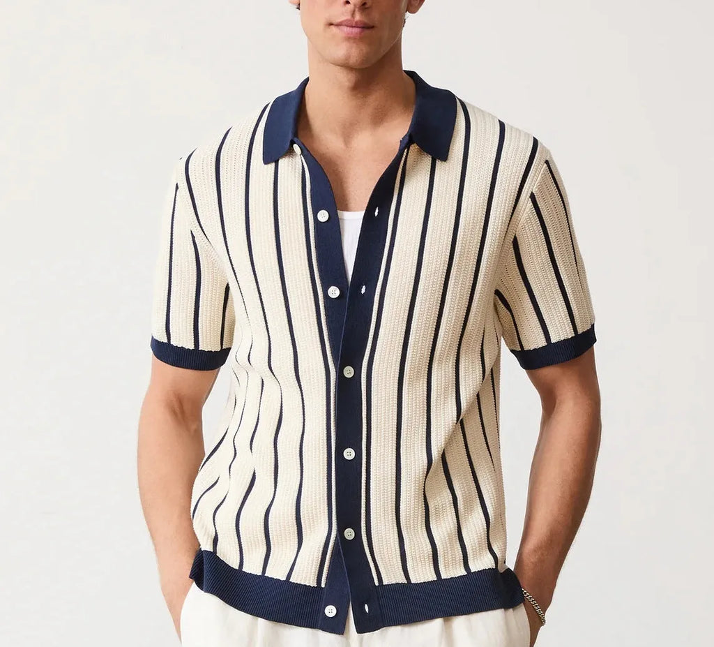Men's white knitted short sleeve shirt with asymmetric lapel design and striped pattern detail
