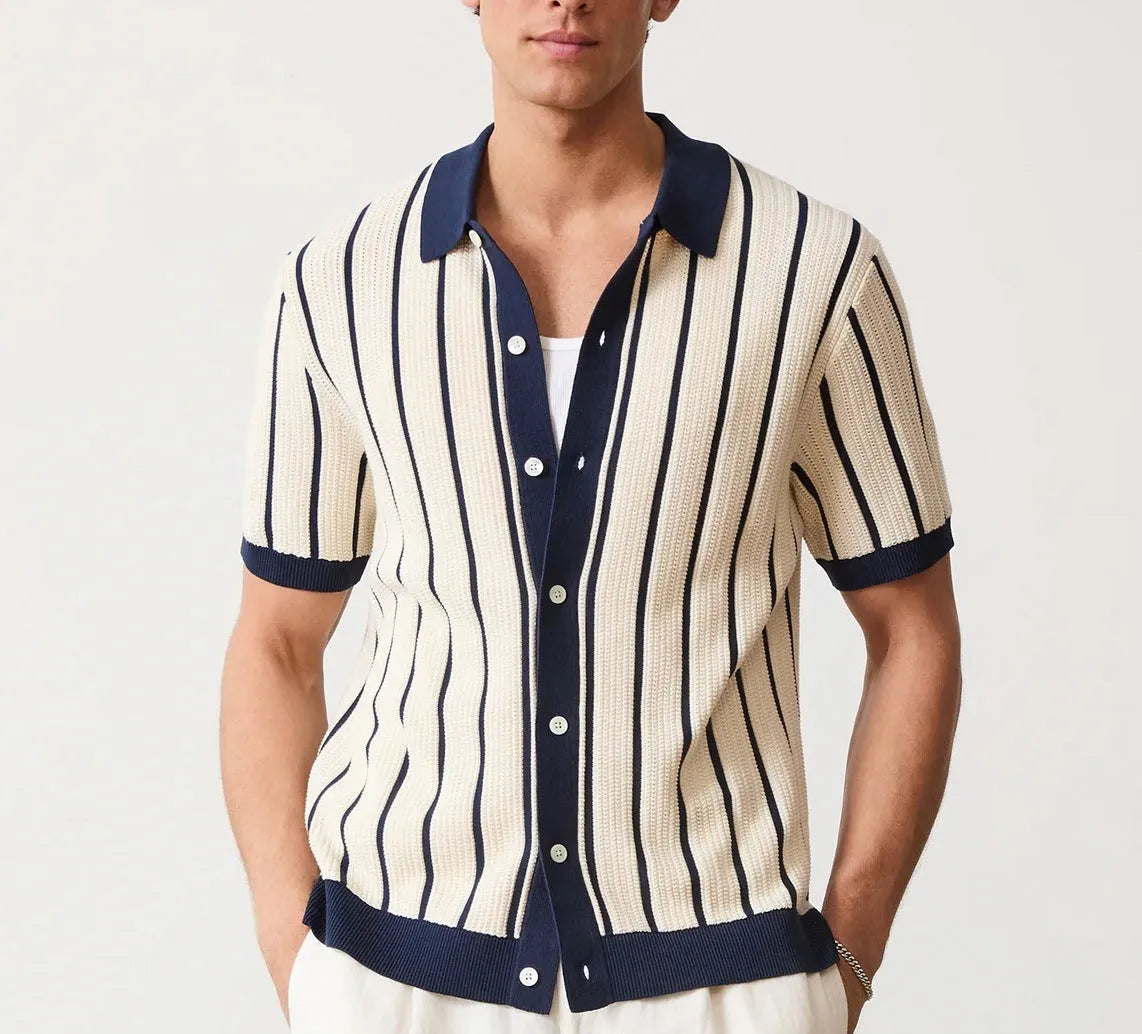 Men's white knitted short sleeve shirt with asymmetric lapel design and striped pattern detail