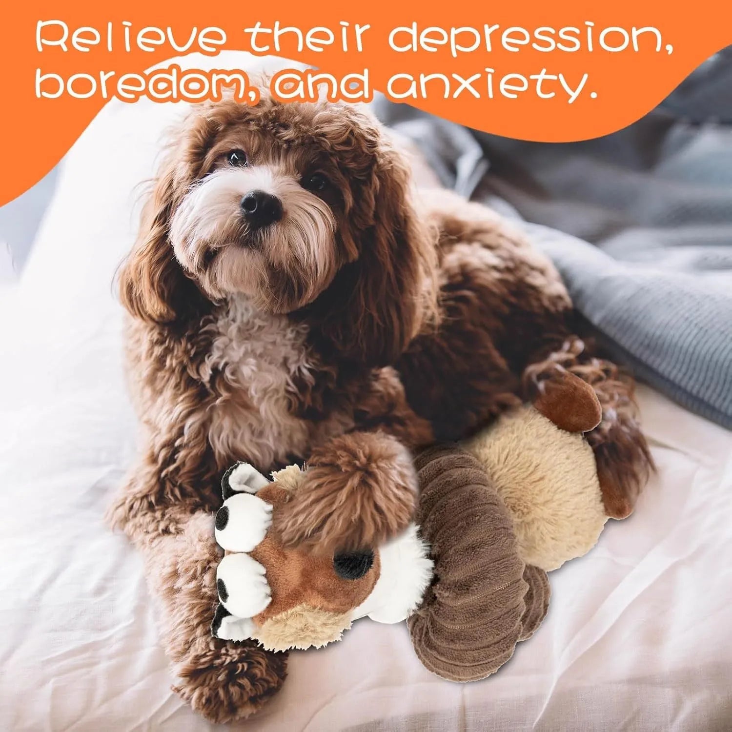 Brown, grey and yellow plush squeaky dog toys with crinkle sounds and foldable design