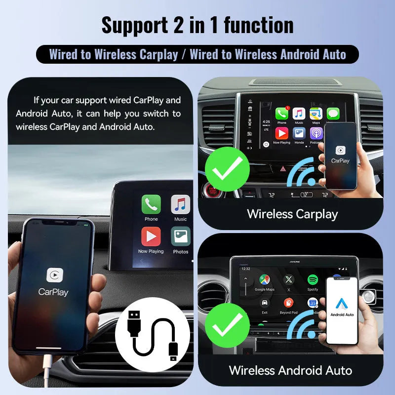 Black mini CarPlay USB interface wireless data adapter measuring 26mm x 55mm