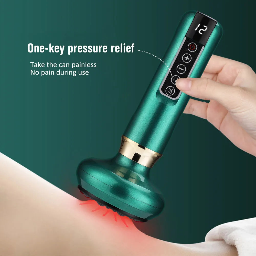 Green electric vacuum cupping massager with digital display and charging cable.