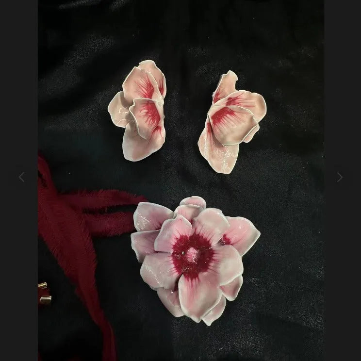 Pastoral style flower earrings with oil-spot glaze finish in blue, green, purple, and rose colours