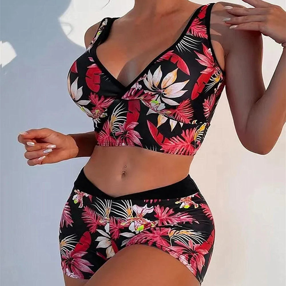 Women's two-piece swimsuit with printed boxer shorts in multi-colour pattern