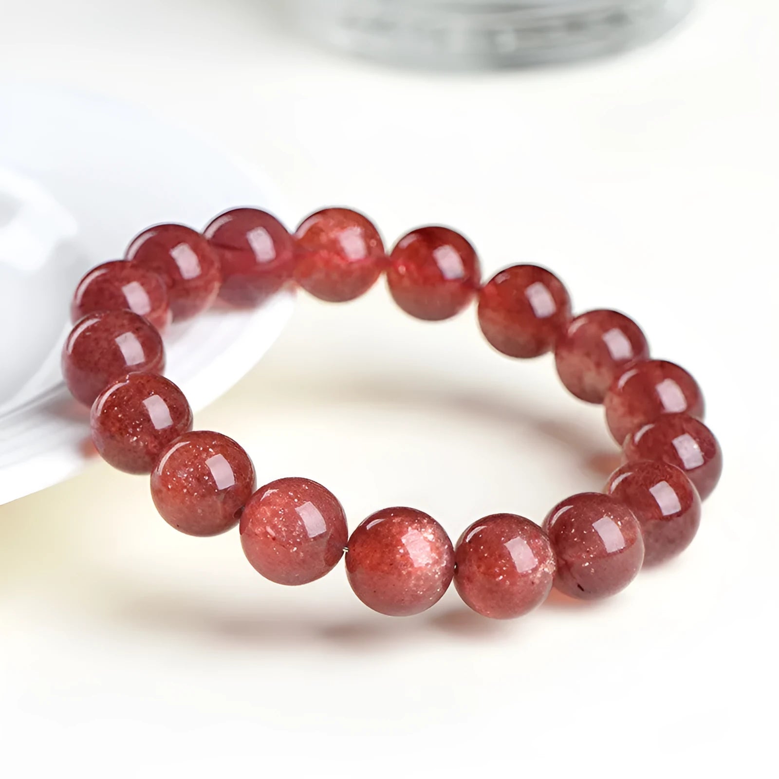 Natural strawberry quartz bracelet with cherry red geometric beads in three size options