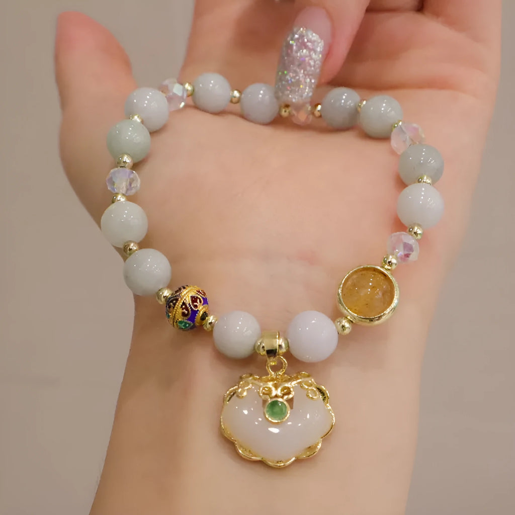 Geometric women's bracelet in genuine jade with metal ethnic decoration in grey jade colour