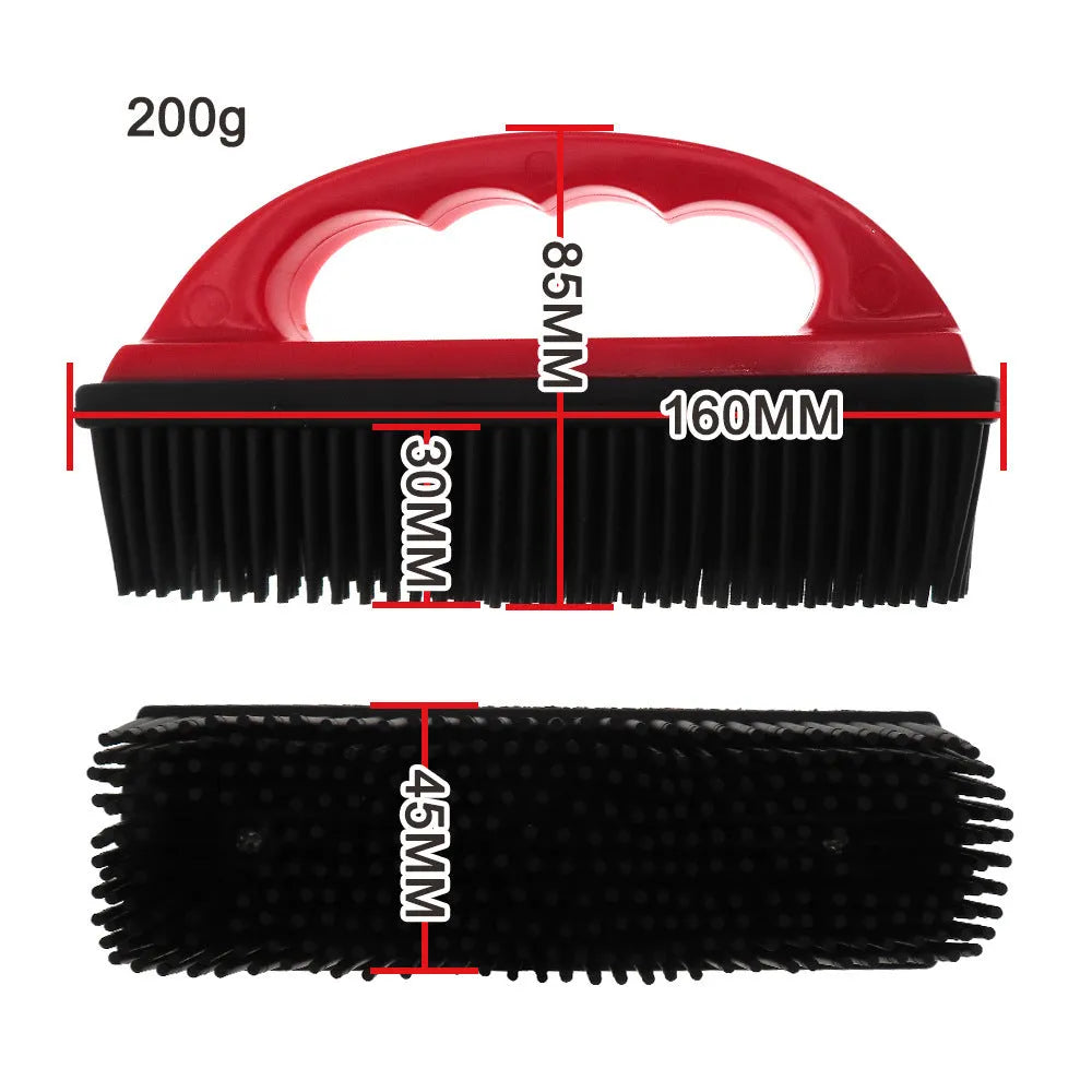 Red silicone pet hair removal brush with ergonomic handle for bath grooming and carpet cleaning