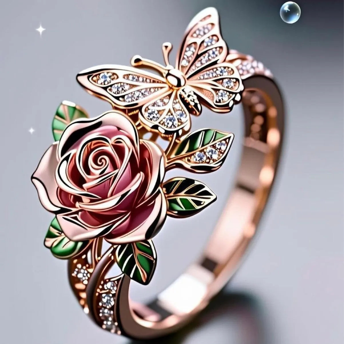 Adjustable butterfly personality ring with colourful oil drip finish showing floral and insect details