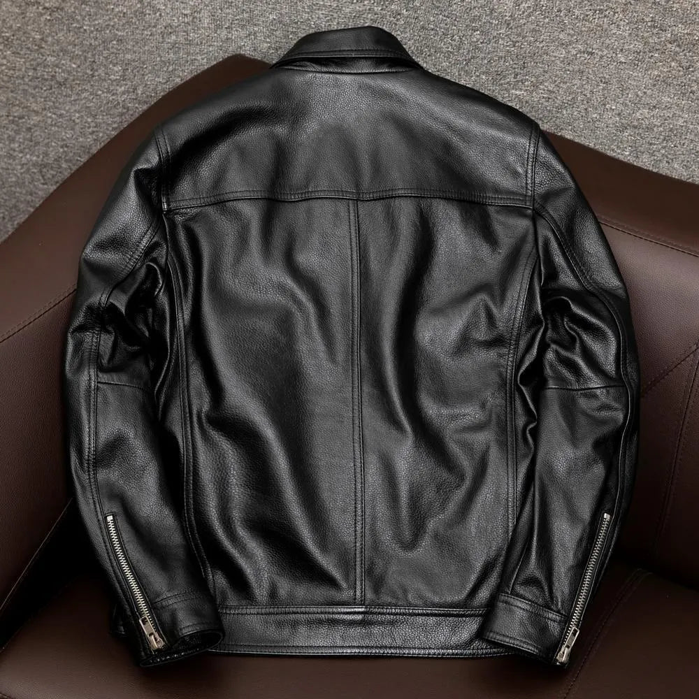 Men's black PU leather jacket plus size loose fit with side seam pockets