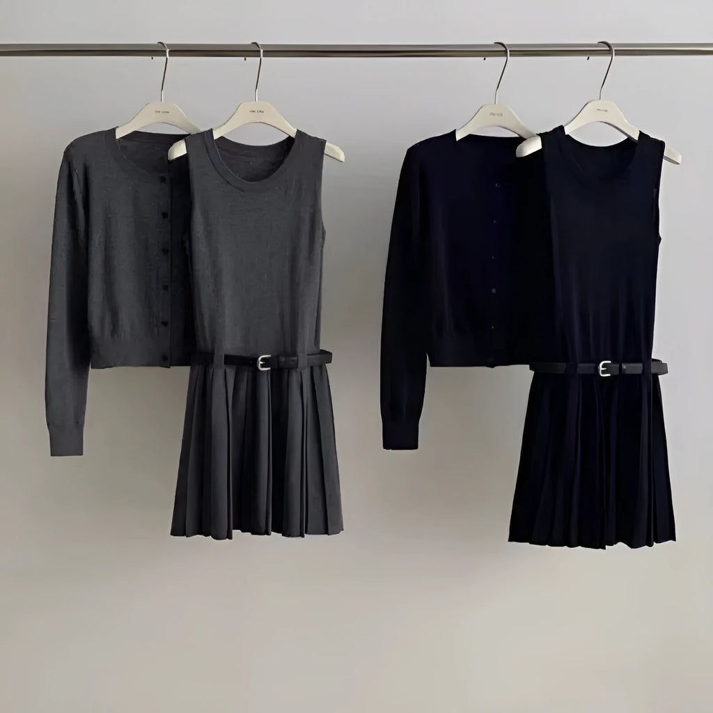 Women's black knitted two-piece set with pleated vest skirt and long-sleeve cardigan, national style art retro design