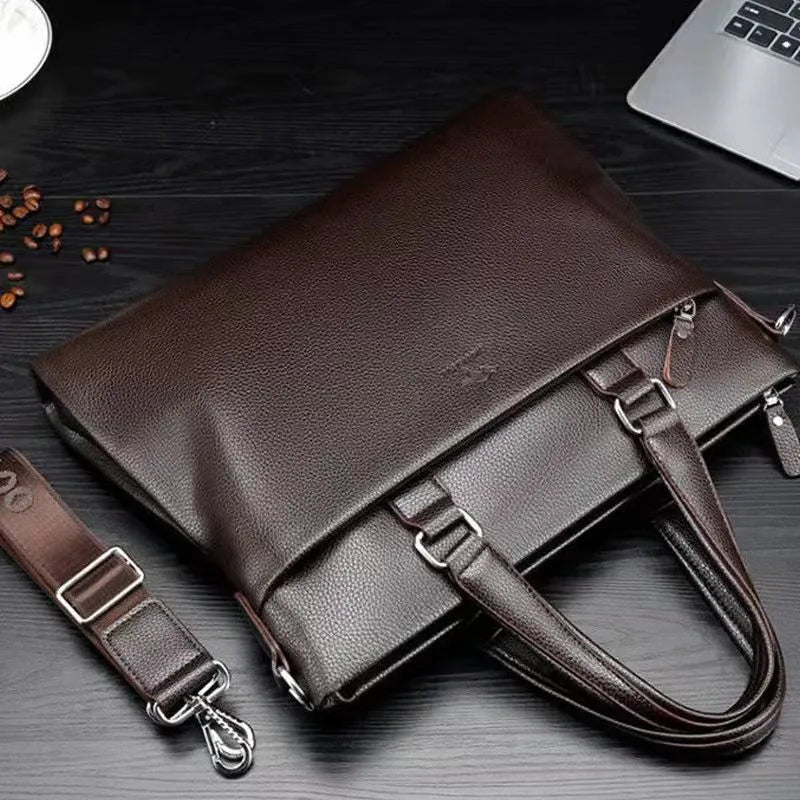 Men's black and brown PU leather shoulder messenger bag with splicing design.